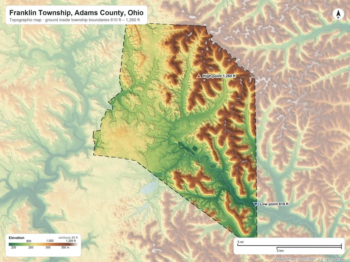 Topographic elevation map of Franklin Township, Adams County, Ohio, shaded from 610 ft on the southeast side to 1,260 ft on the northeast side