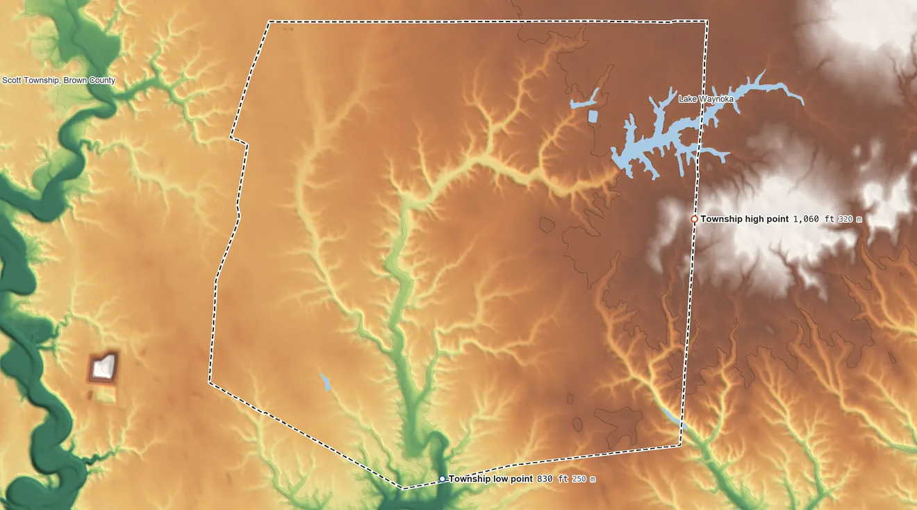 Topographic elevation map of Franklin Township, Brown County, Ohio, shaded from 830 ft on the south side to 1,060 ft on the east side