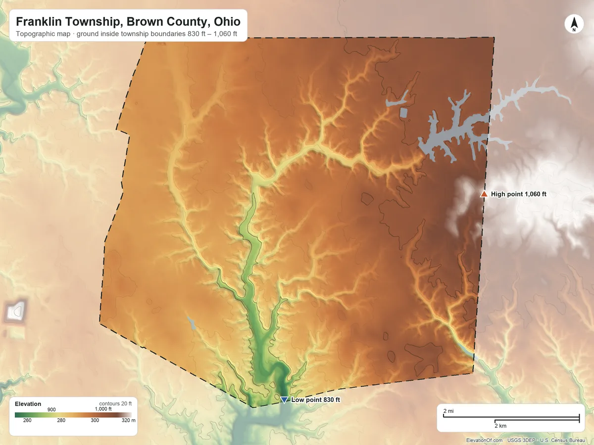 Topographic elevation map of Franklin Township, Brown County, Ohio, shaded from 830 ft on the south side to 1,060 ft on the east side