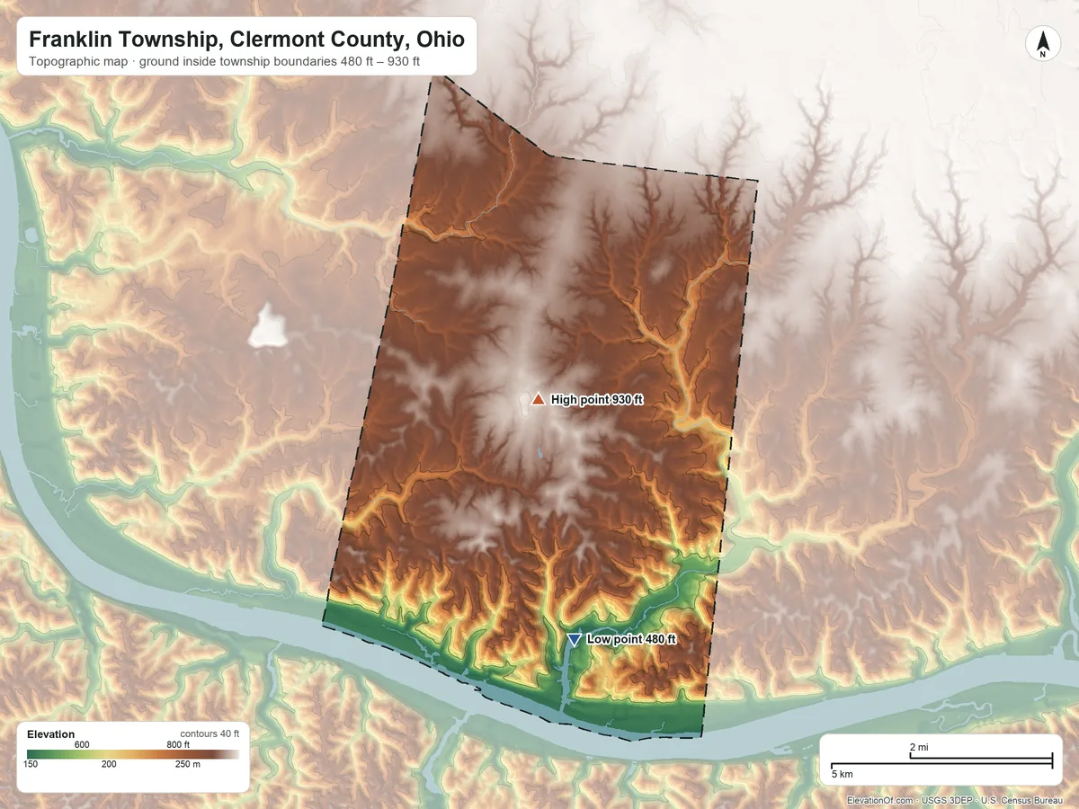 Topographic elevation map of Franklin Township, Clermont County, Ohio, shaded from 480 ft on the south side to 930 ft near the middle