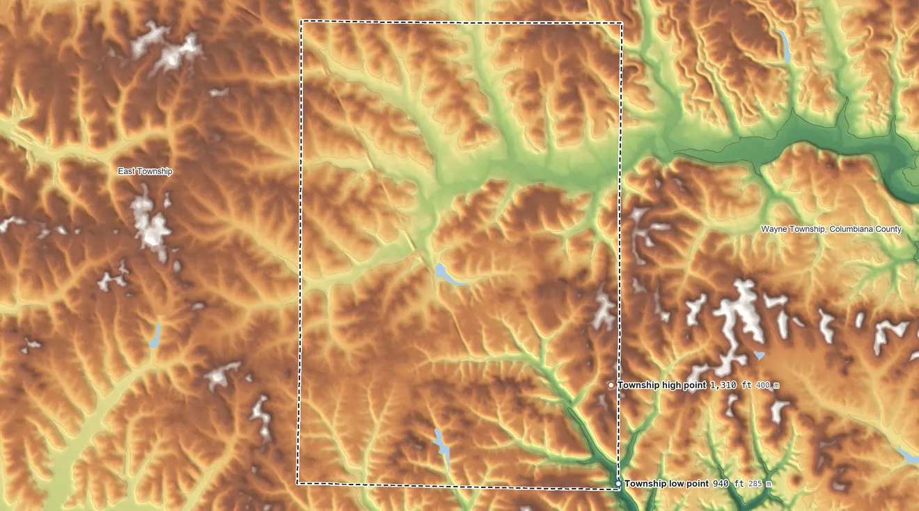 Topographic elevation map of Franklin Township, Columbiana County, Ohio, shaded from 940 ft on the southeast side to 1,310 ft on the southeast side