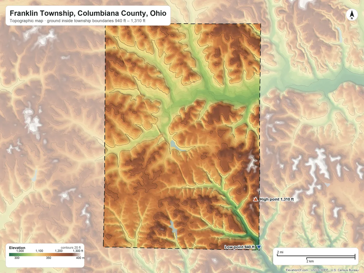 Topographic elevation map of Franklin Township, Columbiana County, Ohio, shaded from 940 ft on the southeast side to 1,310 ft on the southeast side