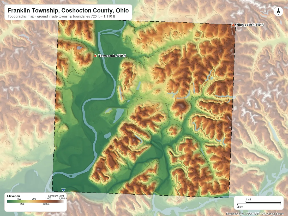 Topographic elevation map of Franklin Township, Coshocton County, Ohio, shaded from 720 ft on the south side to 1,110 ft on the east side