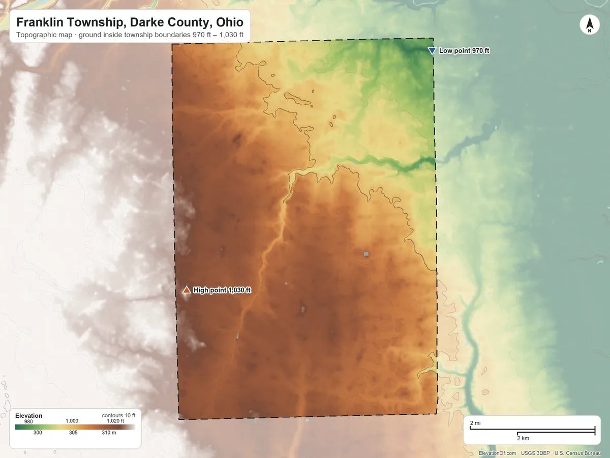 Topographic elevation map of Franklin Township, Darke County, Ohio, shaded from 970 ft on the northeast side to 1,030 ft on the southwest side
