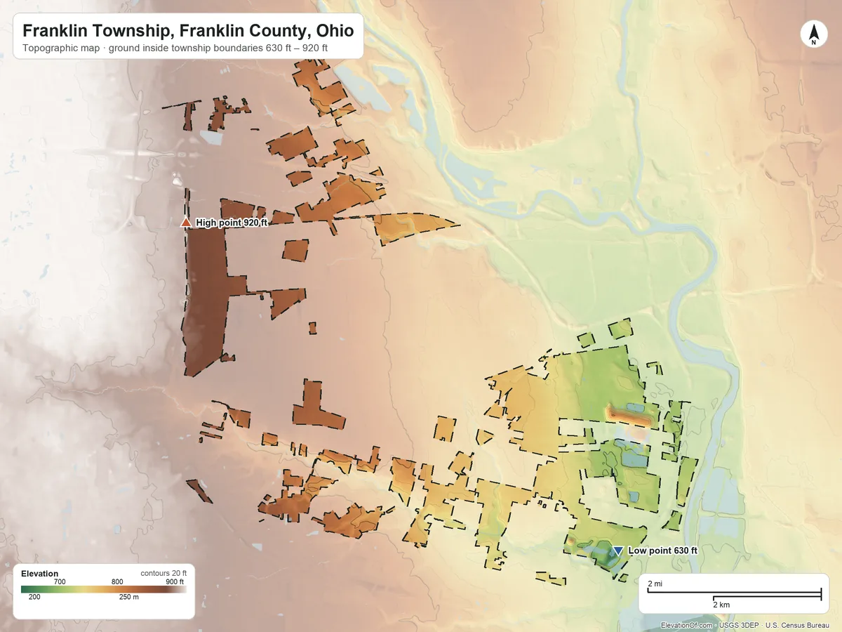Topographic elevation map of Franklin Township, Franklin County, Ohio, shaded from 630 ft on the southeast side to 920 ft on the northwest side