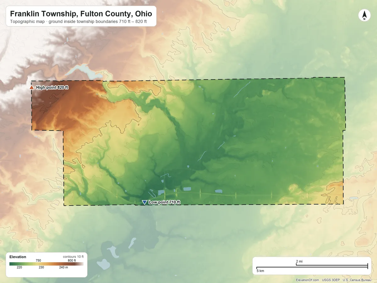 Topographic elevation map of Franklin Township, Fulton County, Ohio, shaded from 710 ft on the southwest side to 820 ft on the west side