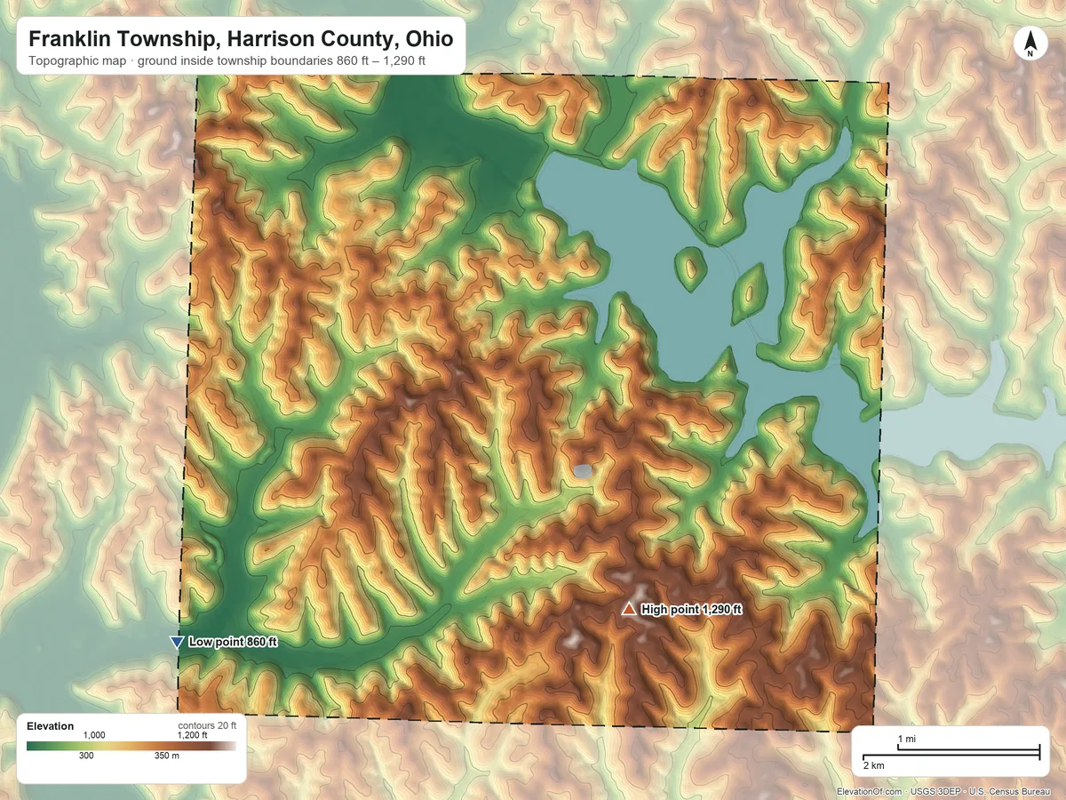 Topographic elevation map of Franklin Township, Harrison County, Ohio, shaded from 860 ft on the southwest side to 1,290 ft on the south side