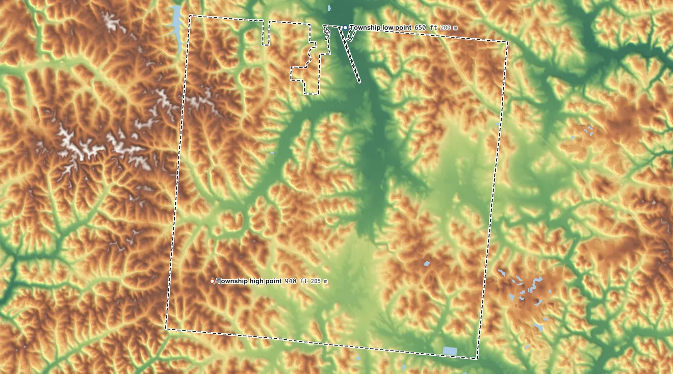 Topographic elevation map of Franklin Township, Jackson County, Ohio, shaded from 650 ft on the north side to 940 ft on the southwest side