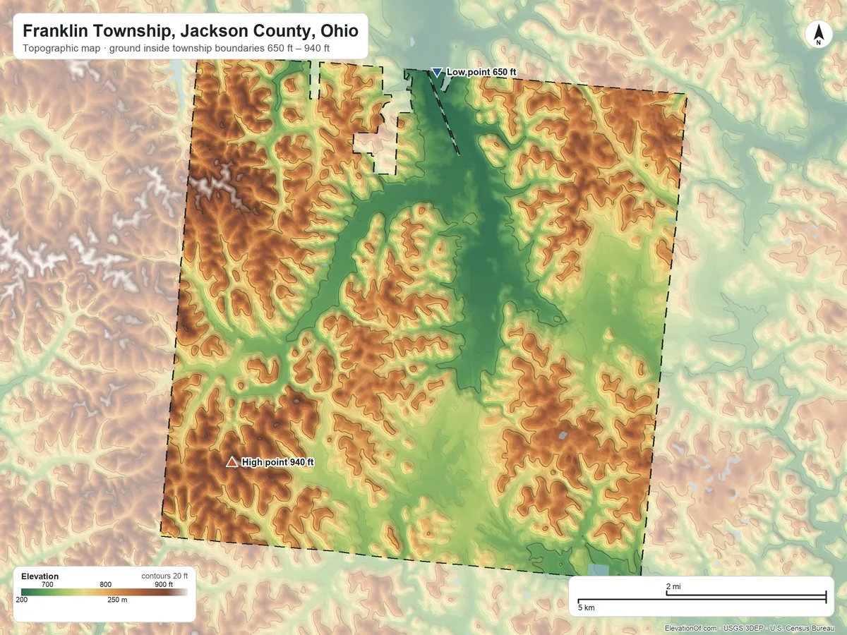 Topographic elevation map of Franklin Township, Jackson County, Ohio, shaded from 650 ft on the north side to 940 ft on the southwest side