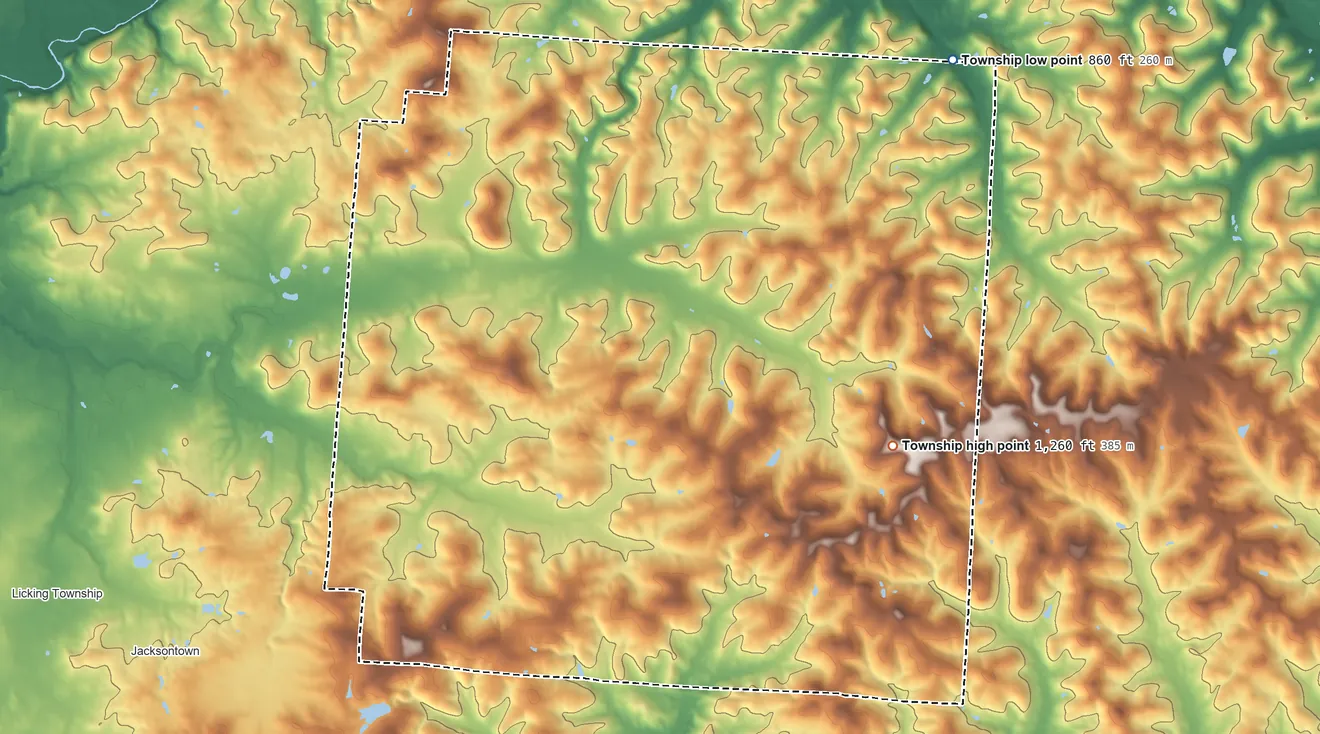 Topographic elevation map of Franklin Township, Licking County, Ohio, shaded from 860 ft on the northeast side to 1,260 ft on the southeast side