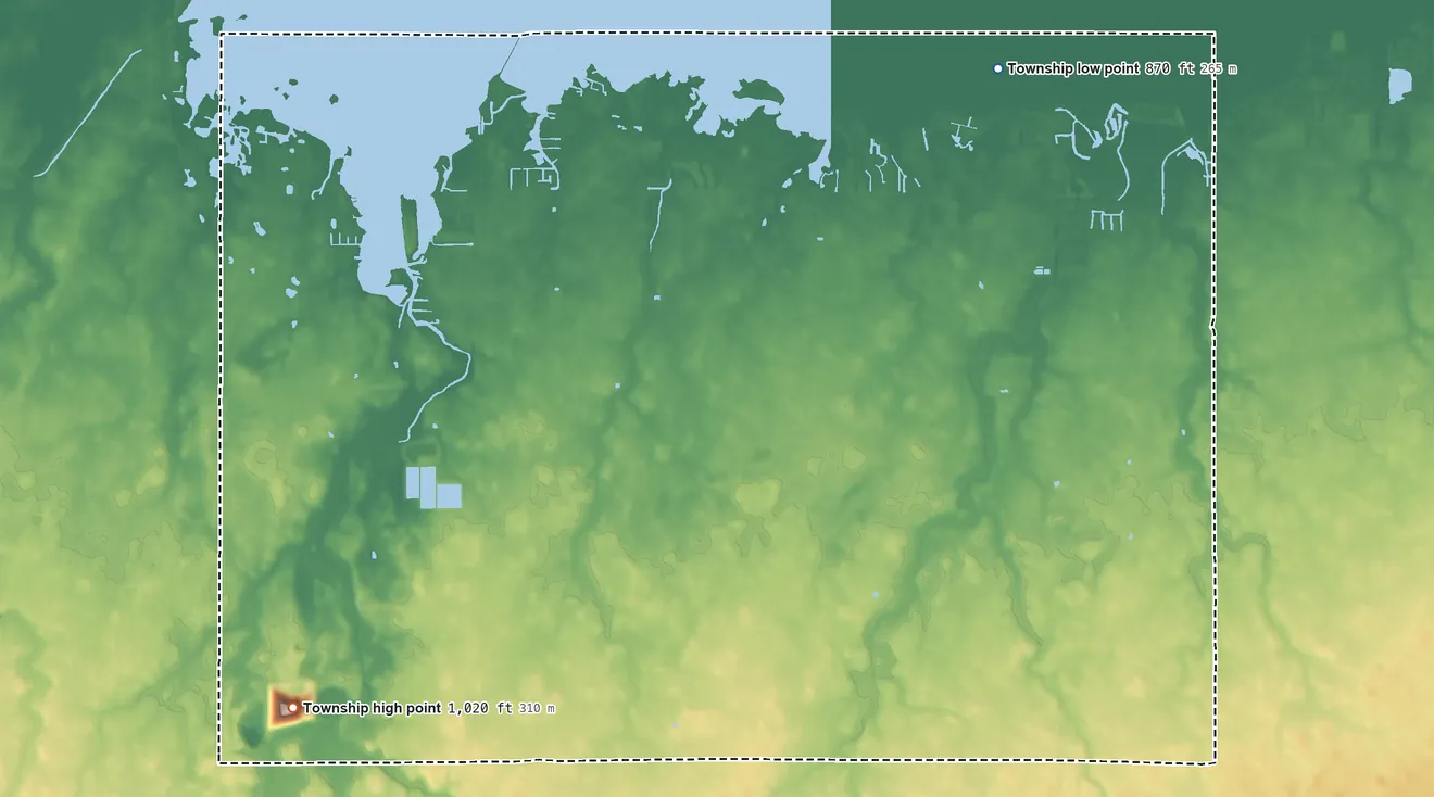 Topographic elevation map of Franklin Township, Mercer County, Ohio, shaded from 870 ft on the northeast side to 1,020 ft on the southwest side