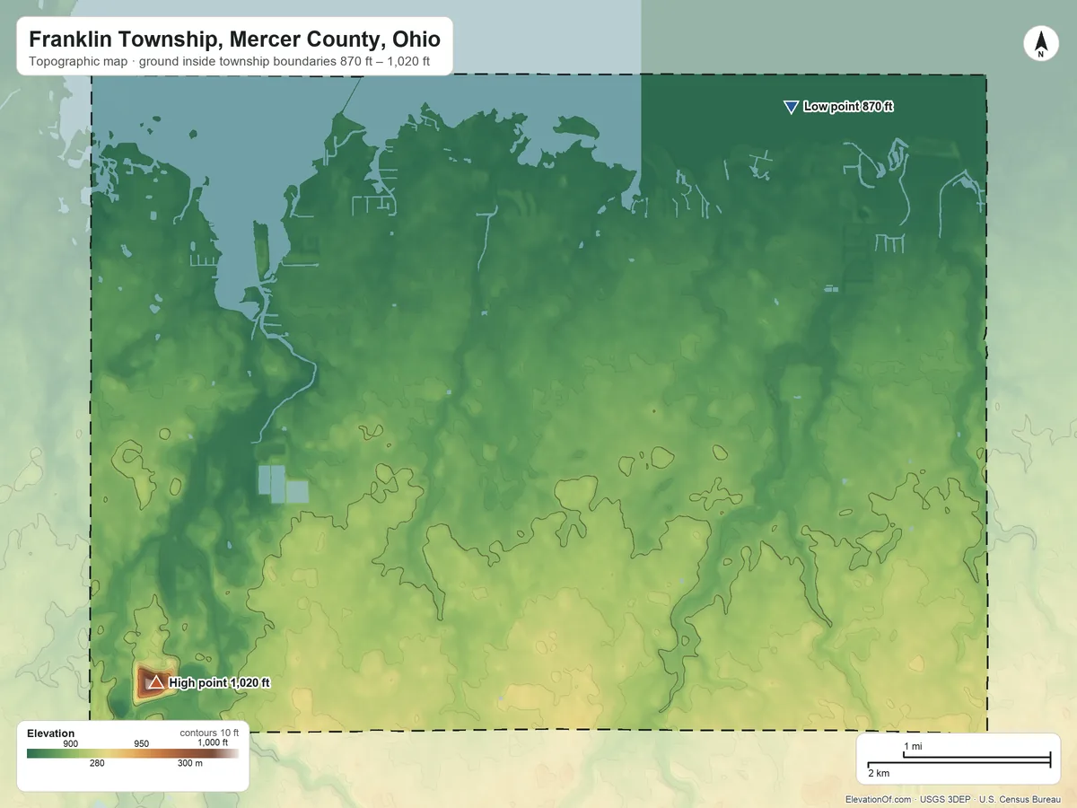 Topographic elevation map of Franklin Township, Mercer County, Ohio, shaded from 870 ft on the northeast side to 1,020 ft on the southwest side