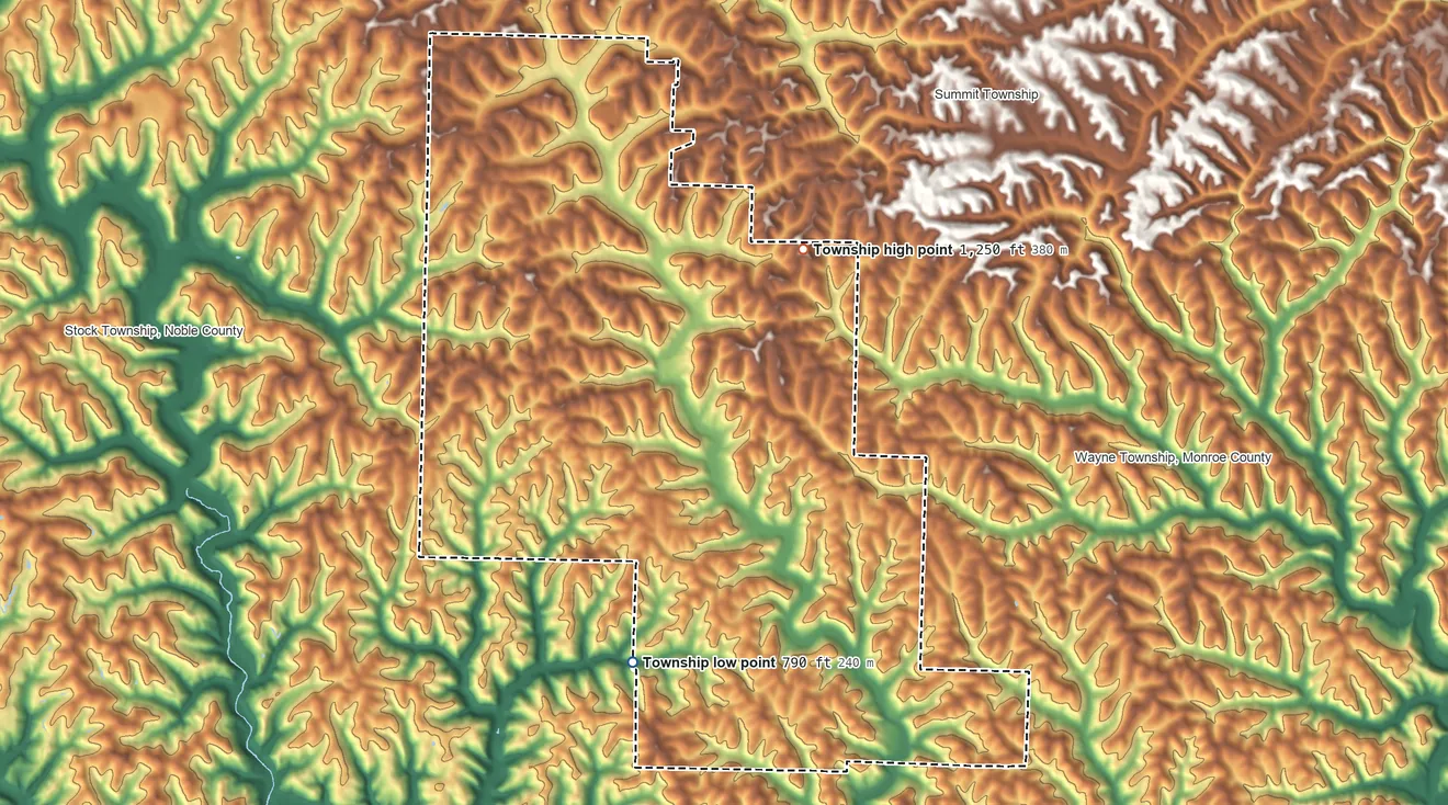 Topographic elevation map of Franklin Township, Monroe County, Ohio, shaded from 790 ft on the south side to 1,250 ft on the northeast side