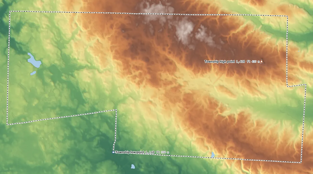 Topographic elevation map of Franklin Township, Morrow County, Ohio, shaded from 1,140 ft on the southwest side to 1,420 ft on the east side