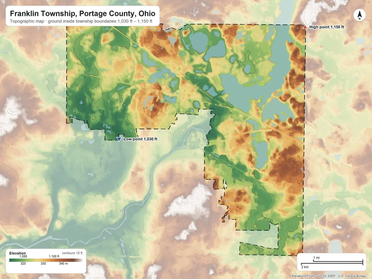 Topographic elevation map of Franklin Township, Portage County, Ohio, shaded from 1,030 ft on the west side to 1,150 ft on the northeast side