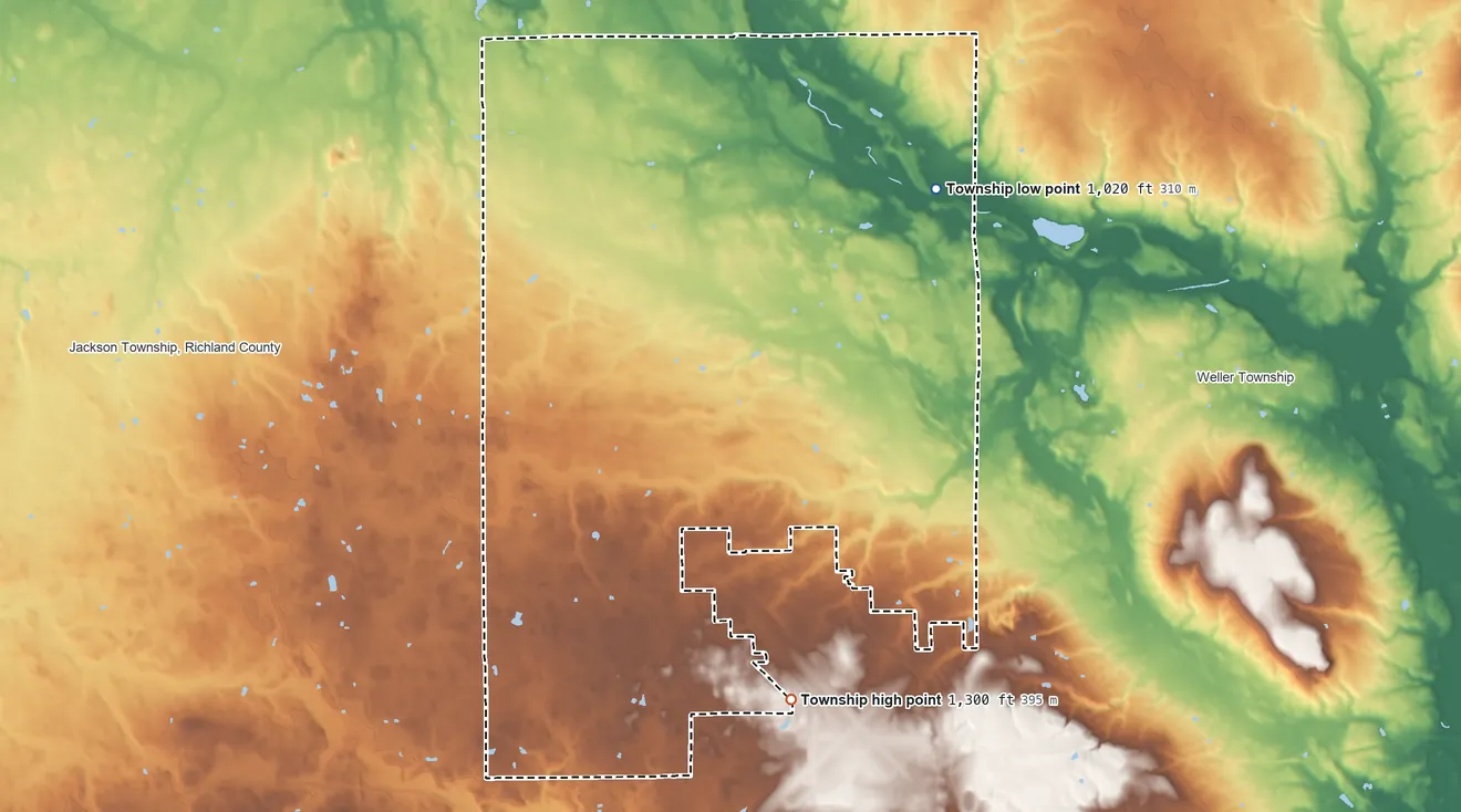 Topographic elevation map of Franklin Township, Richland County, Ohio, shaded from 1,020 ft on the northeast side to 1,300 ft on the south side
