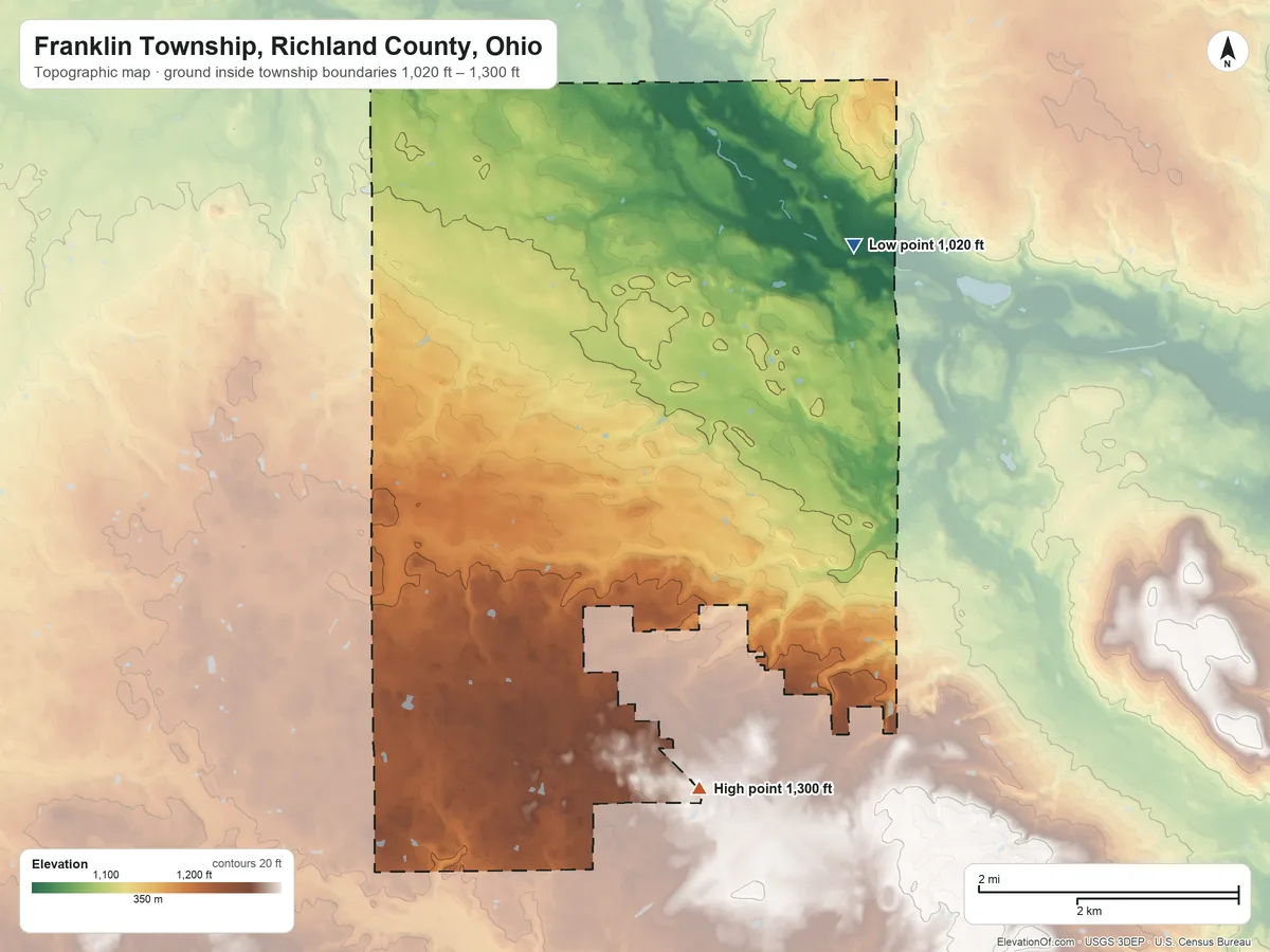 Topographic elevation map of Franklin Township, Richland County, Ohio, shaded from 1,020 ft on the northeast side to 1,300 ft on the south side