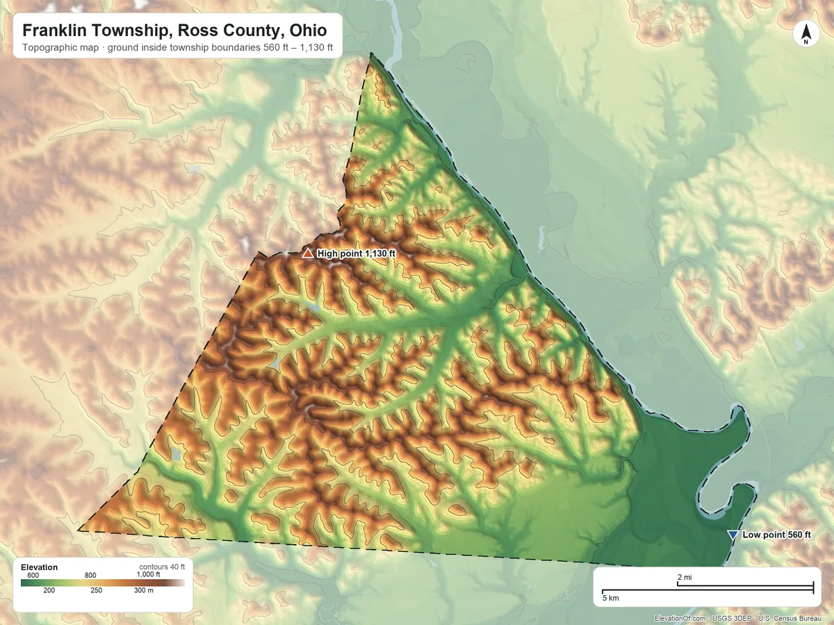 Topographic elevation map of Franklin Township, Ross County, Ohio, shaded from 560 ft on the southeast side to 1,130 ft on the northwest side