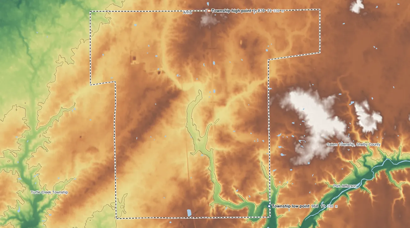 Topographic elevation map of Franklin Township, Shelby County, Ohio, shaded from 960 ft on the southeast side to 1,070 ft on the north side