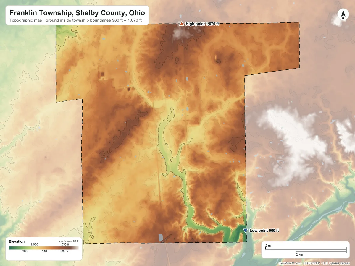Topographic elevation map of Franklin Township, Shelby County, Ohio, shaded from 960 ft on the southeast side to 1,070 ft on the north side