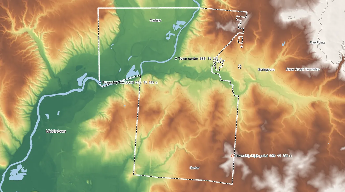 Topographic elevation map of Franklin Township, Ohio, shaded from 640 ft on the west side to 980 ft on the southeast side