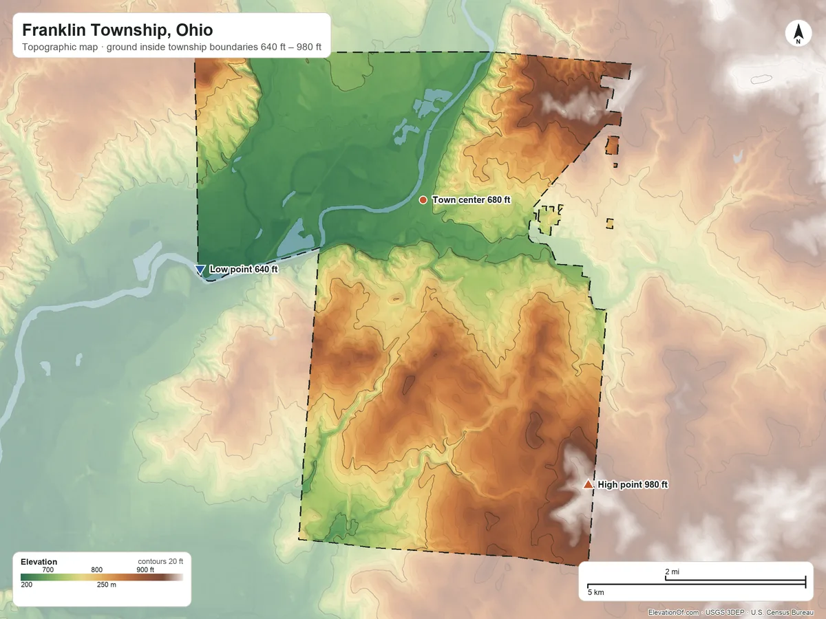 Topographic elevation map of Franklin Township, Ohio, shaded from 640 ft on the west side to 980 ft on the southeast side