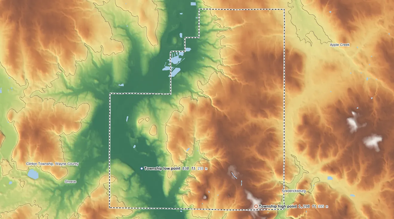 Topographic elevation map of Franklin Township, Wayne County, Ohio, shaded from 830 ft on the southwest side to 1,290 ft on the southeast side