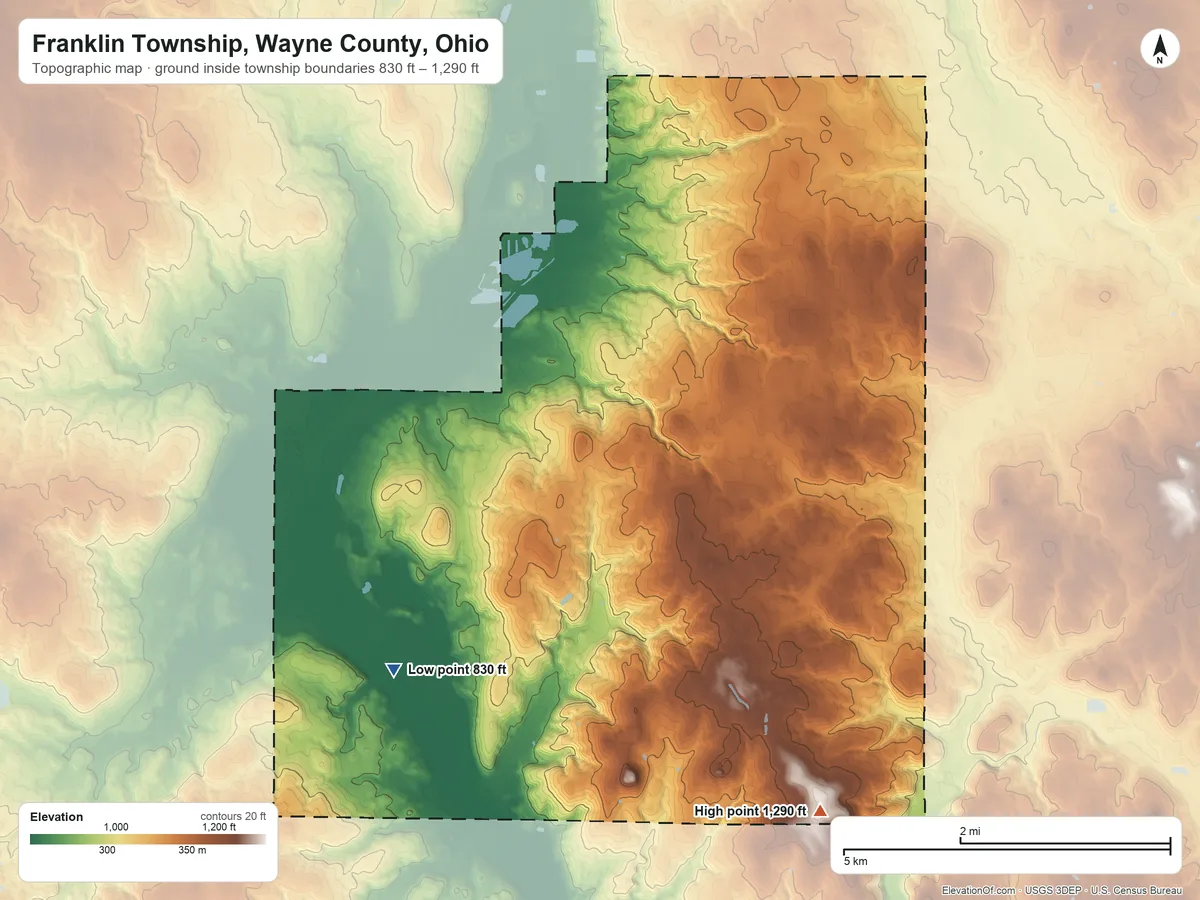 Topographic elevation map of Franklin Township, Wayne County, Ohio, shaded from 830 ft on the southwest side to 1,290 ft on the southeast side