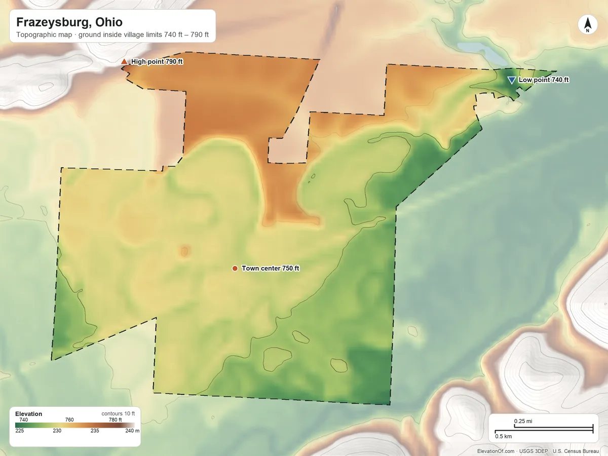 Topographic elevation map of Frazeysburg, Ohio, shaded from 740 ft on the northeast side to 790 ft on the northwest side