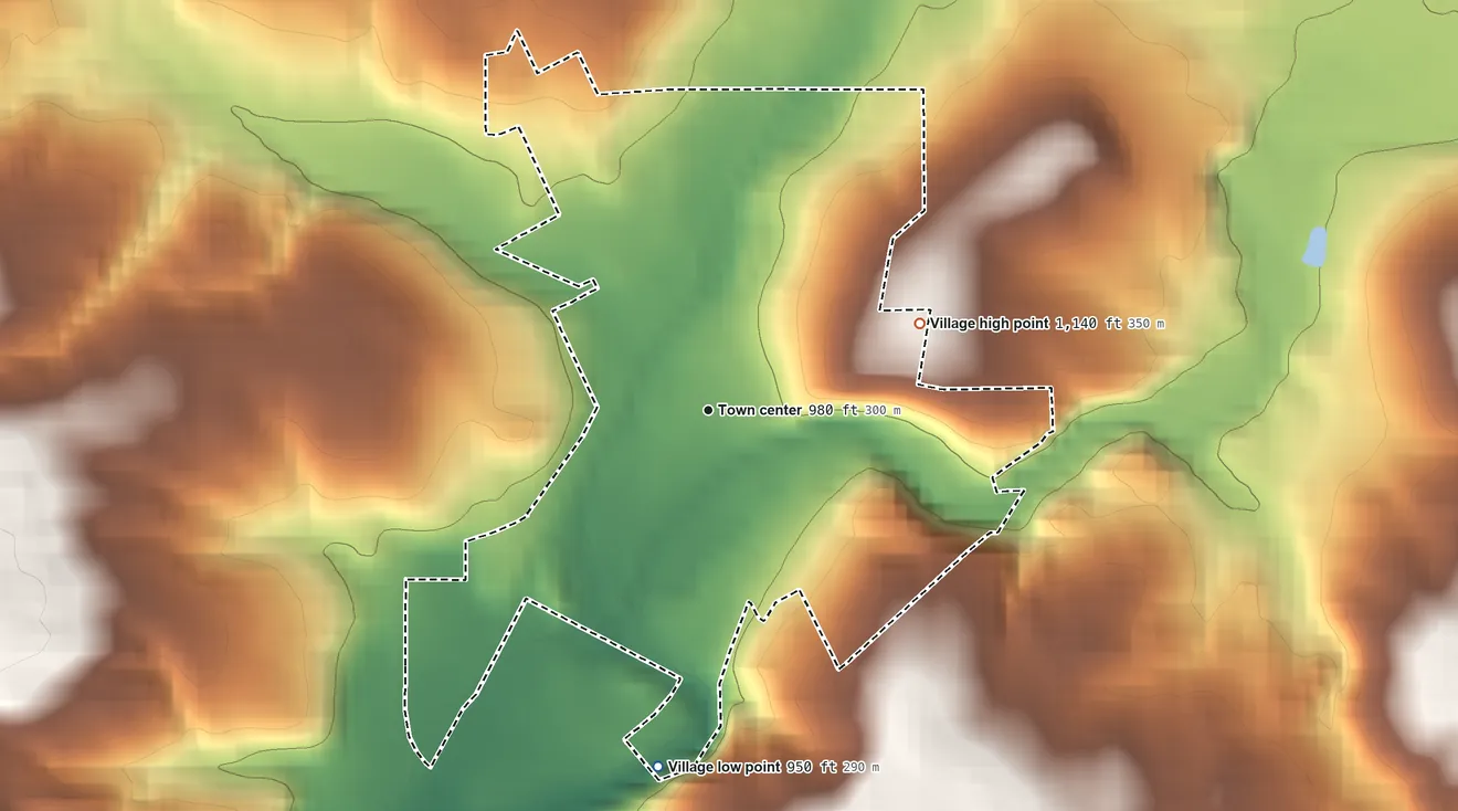 Topographic elevation map of Fredericksburg, Ohio, shaded from 950 ft on the south side to 1,140 ft on the east side