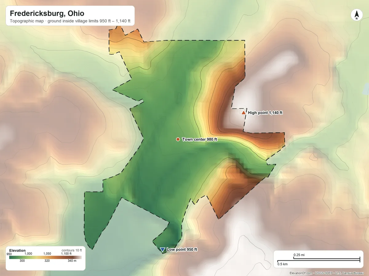 Topographic elevation map of Fredericksburg, Ohio, shaded from 950 ft on the south side to 1,140 ft on the east side