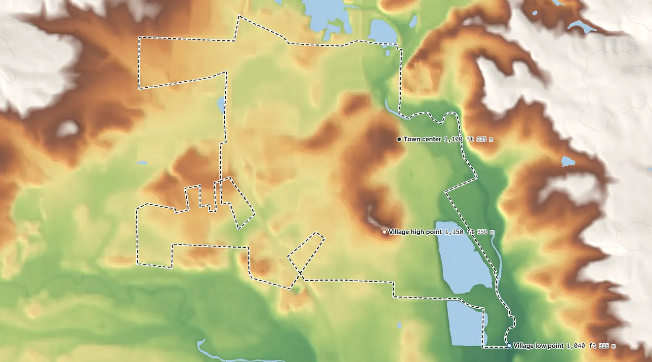 Topographic elevation map of Fredericktown, Ohio, shaded from 1,040 ft on the southeast side to 1,150 ft on Rowley Mound