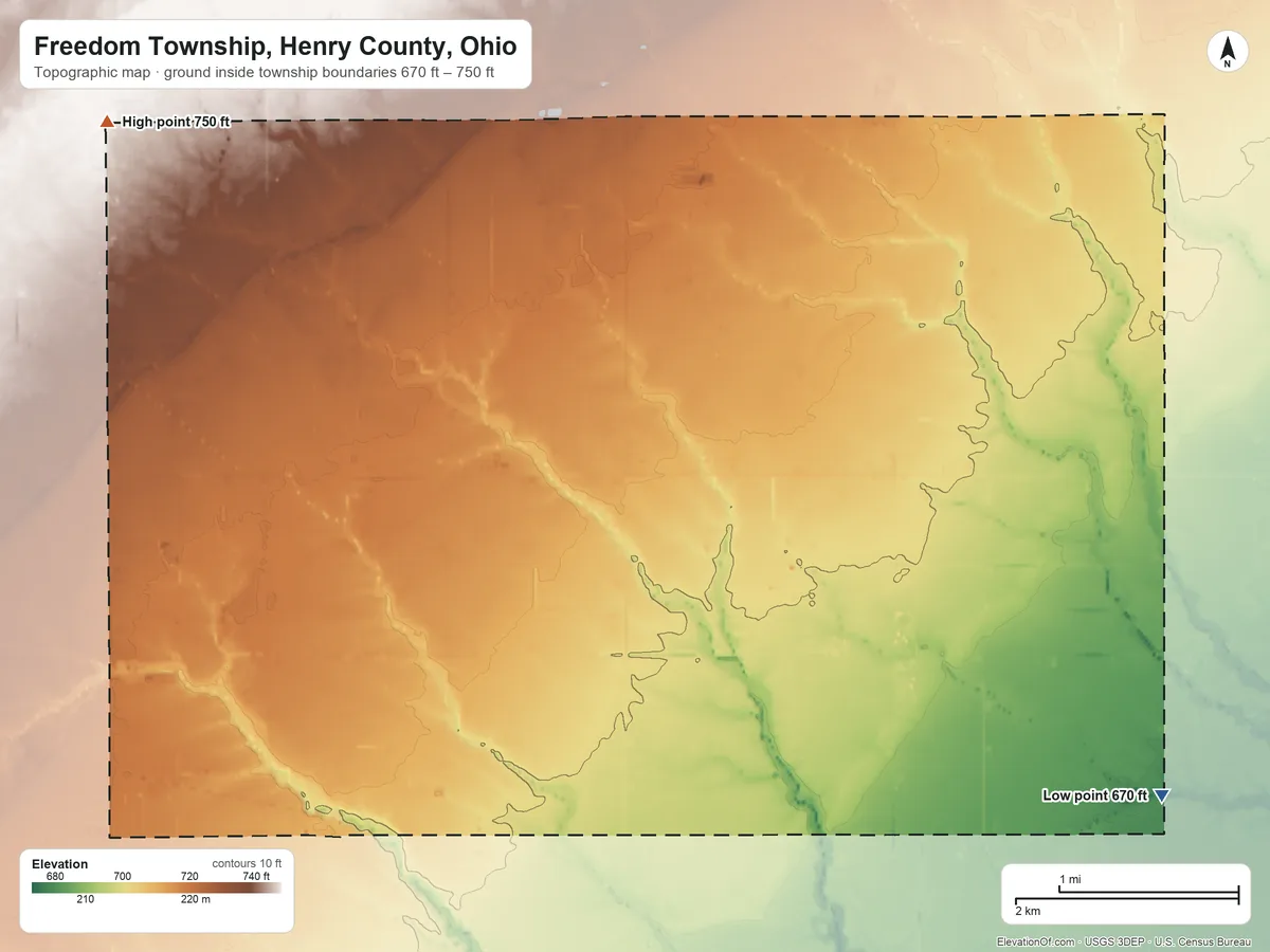 Topographic elevation map of Freedom Township, Henry County, Ohio, shaded from 670 ft on the southeast side to 750 ft on the northwest side