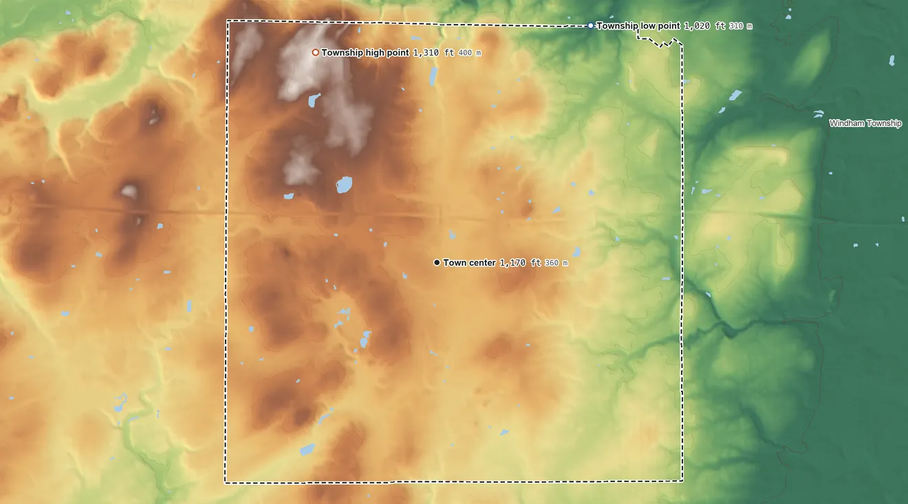 Topographic elevation map of Freedom Township, Ohio, shaded from 1,020 ft on the northeast side to 1,310 ft on the northwest side