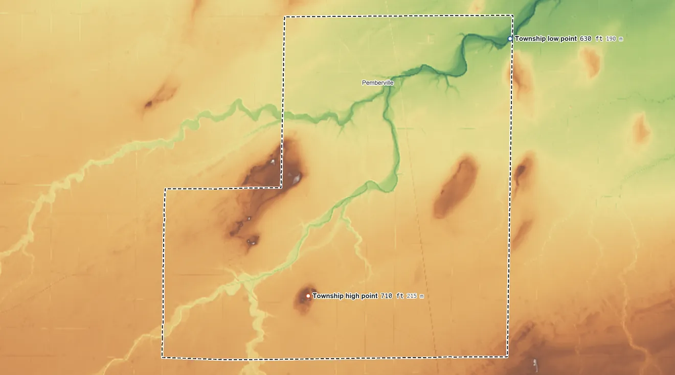 Topographic elevation map of Freedom Township, Wood County, Ohio, shaded from 630 ft on the northeast side to 710 ft on the south side