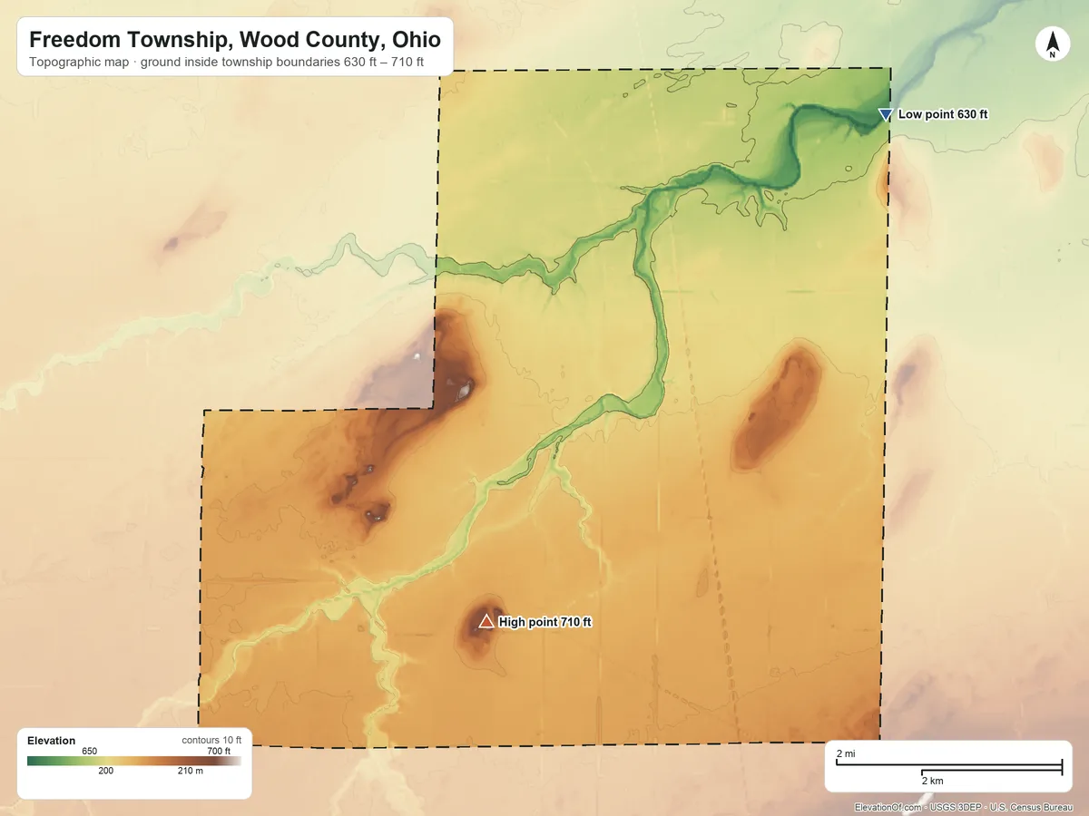 Topographic elevation map of Freedom Township, Wood County, Ohio, shaded from 630 ft on the northeast side to 710 ft on the south side