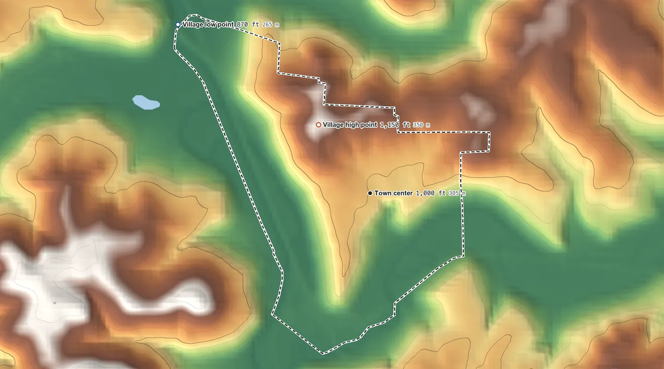 Topographic elevation map of Freeport, Ohio, shaded from 870 ft on the northwest side to 1,150 ft on the northwest side