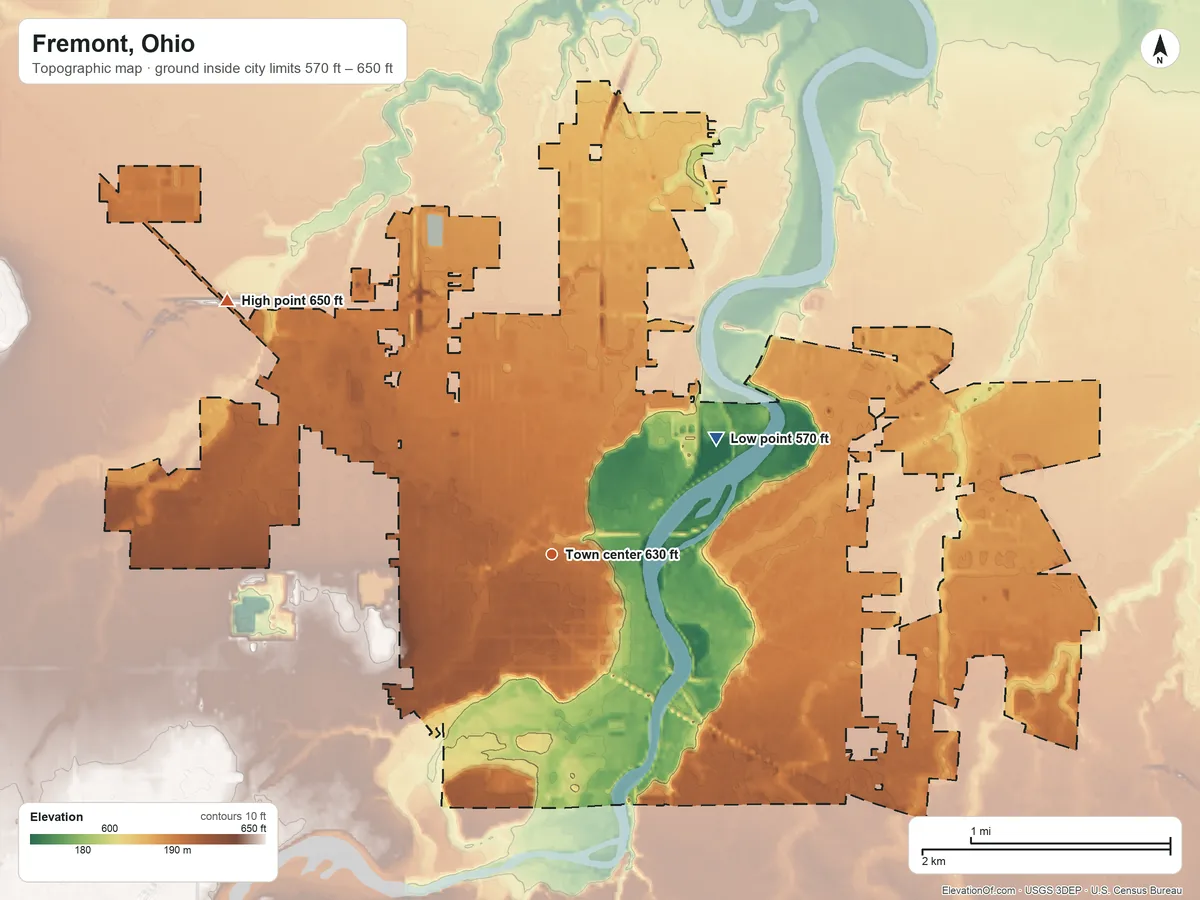 Topographic elevation map of Fremont, Ohio, shaded from 570 ft on the northeast side to 650 ft on the northwest side