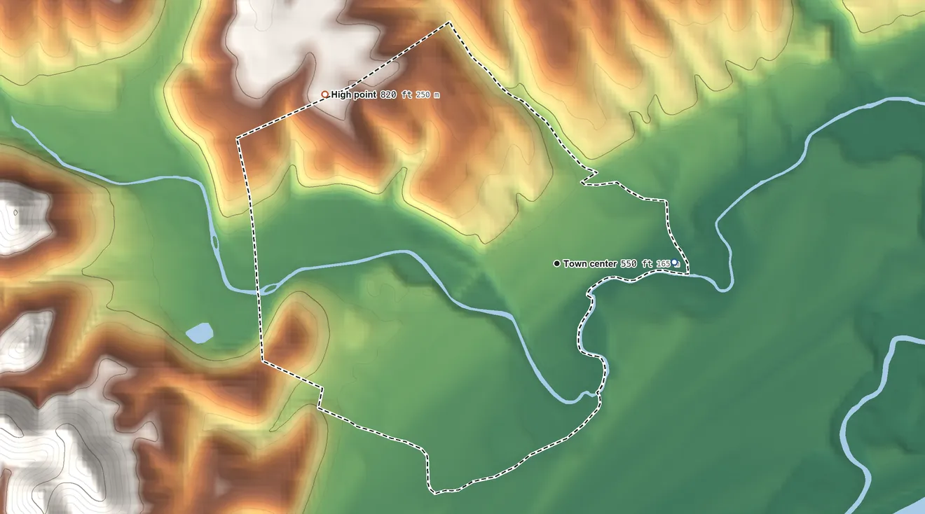 Topographic elevation map of Friendship, Ohio, shaded from 510 ft on the east side to 820 ft on the northwest side