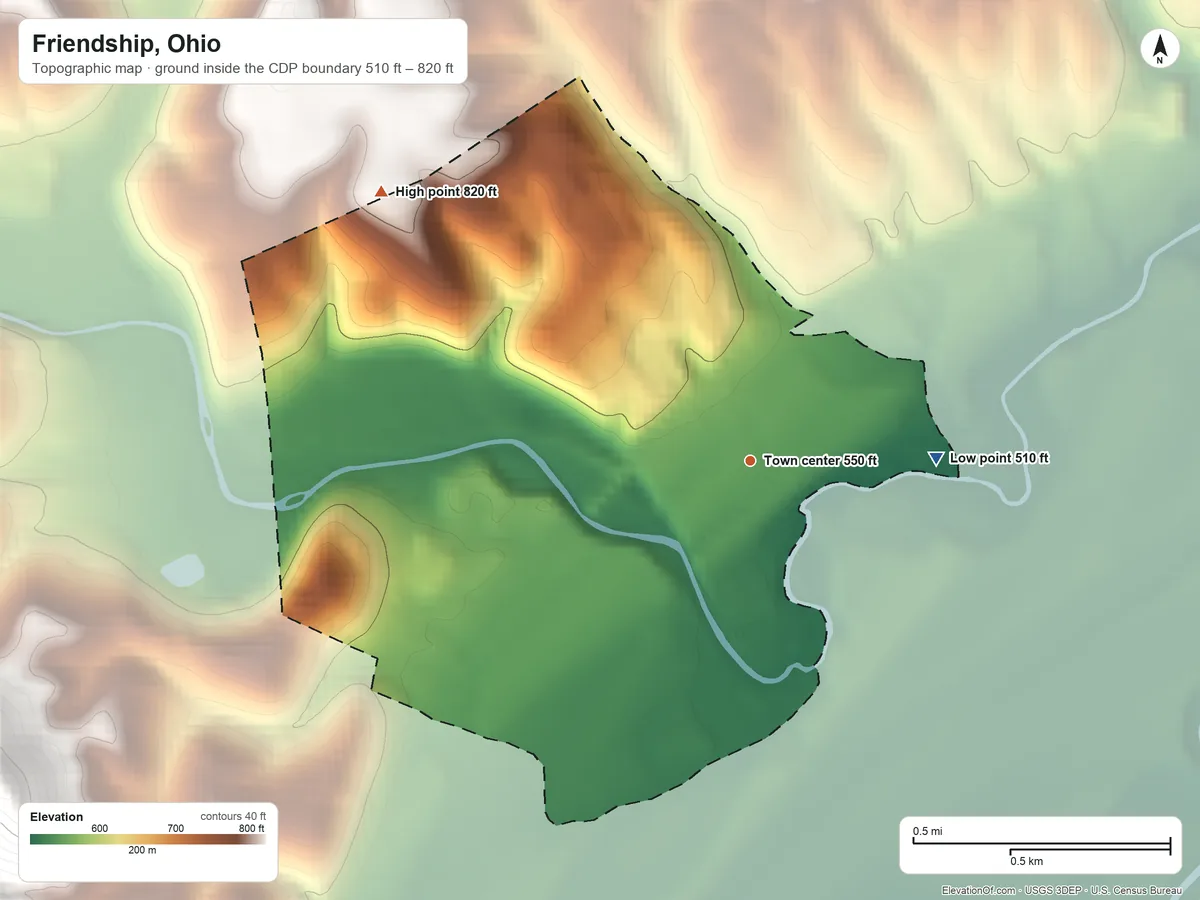 Topographic elevation map of Friendship, Ohio, shaded from 510 ft on the east side to 820 ft on the northwest side