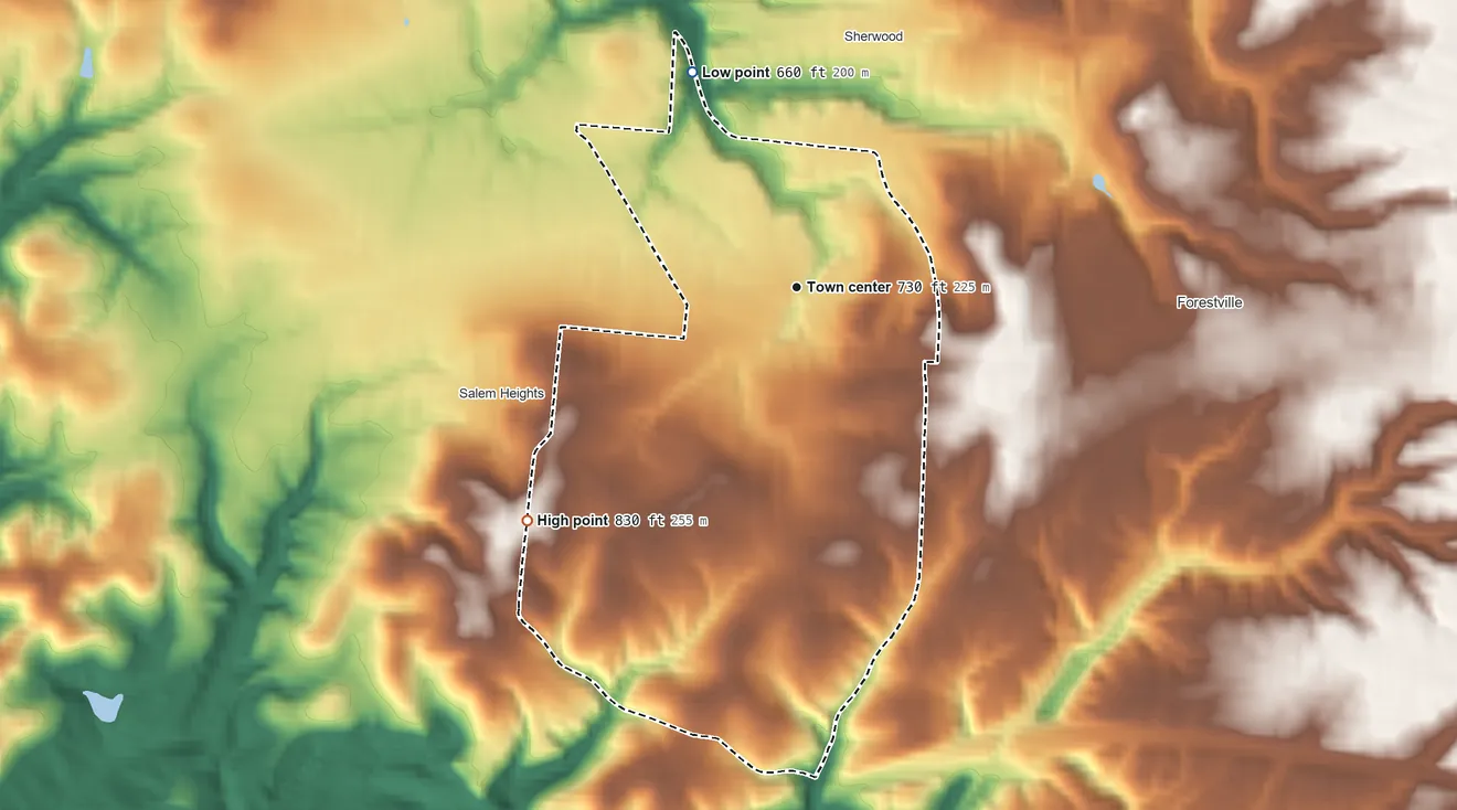 Topographic elevation map of Fruit Hill, Ohio, shaded from 660 ft on the northwest side to 830 ft on the southwest side