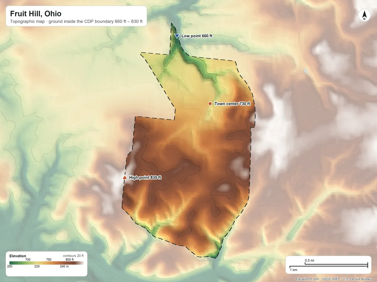 Topographic elevation map of Fruit Hill, Ohio, shaded from 660 ft on the northwest side to 830 ft on the southwest side