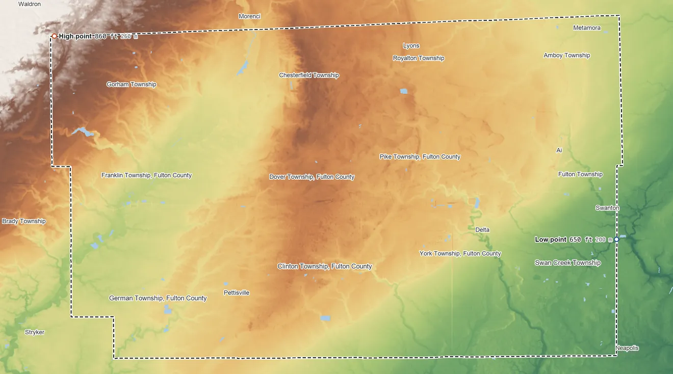 Topographic elevation map of Fulton County, Ohio, shaded from 650 ft on the east side to 860 ft on the northwest side