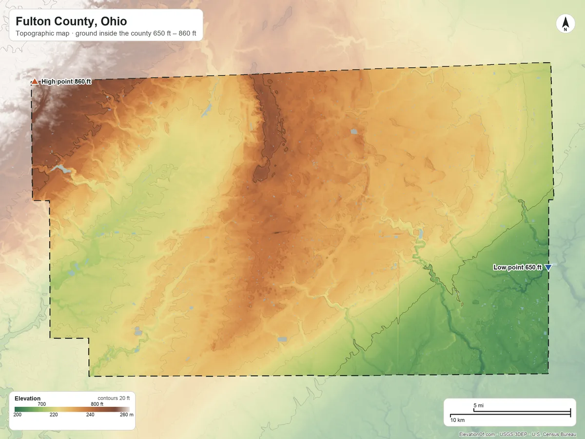 Topographic elevation map of Fulton County, Ohio, shaded from 650 ft on the east side to 860 ft on the northwest side
