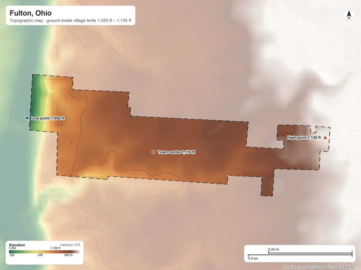 Topographic elevation map of Fulton, Ohio, shaded from 1,050 ft on the west side to 1,130 ft on the east side