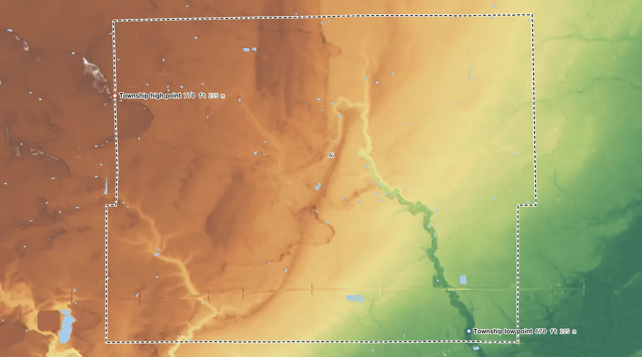 Topographic elevation map of Fulton Township, Ohio, shaded from 670 ft on the southeast side to 770 ft on the northwest side