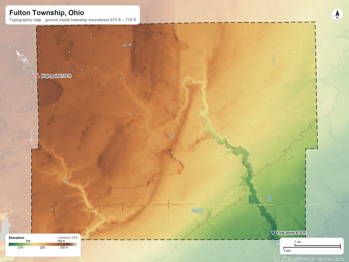 Topographic elevation map of Fulton Township, Ohio, shaded from 670 ft on the southeast side to 770 ft on the northwest side