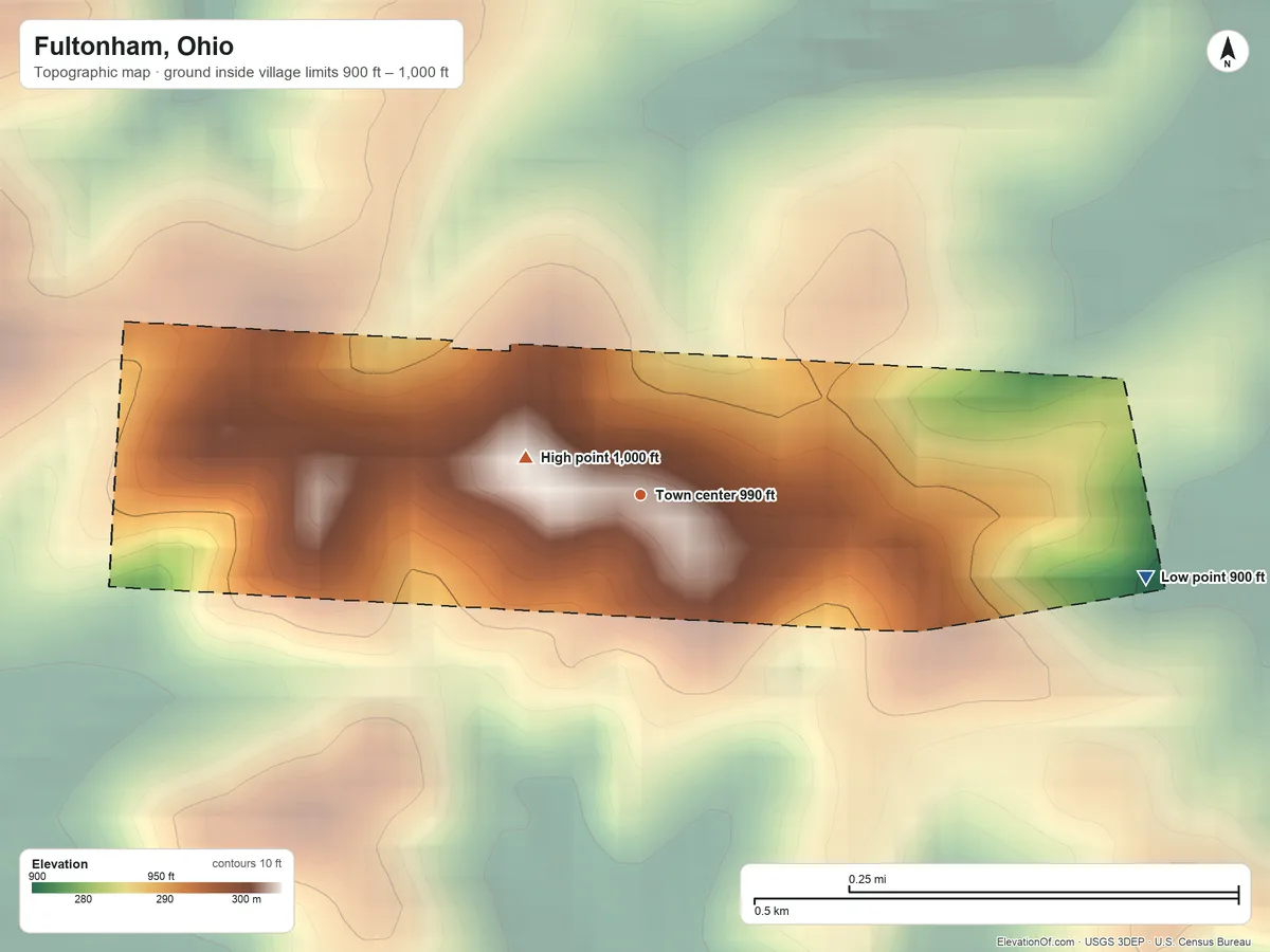 Topographic elevation map of Fultonham, Ohio, shaded from 900 ft on the east side to 1,000 ft on the west side