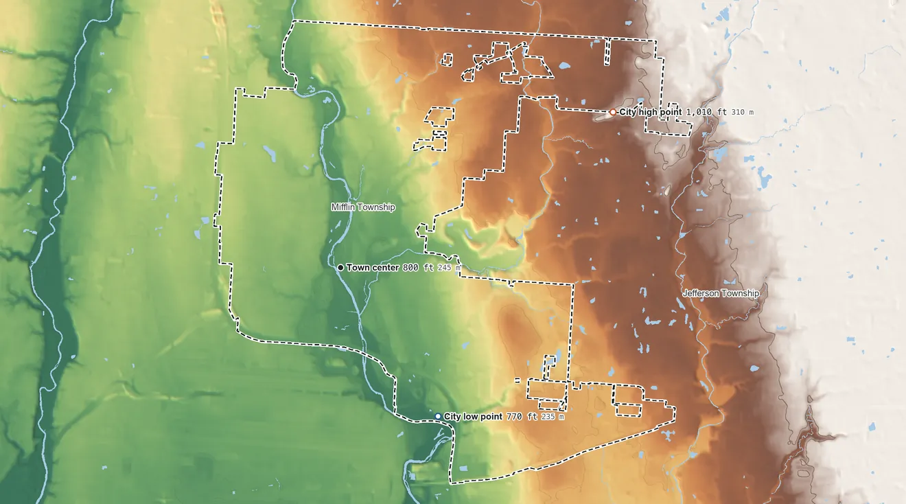 Topographic elevation map of Gahanna, Ohio, shaded from 770 ft on the southeast side to 1,010 ft on the northeast side