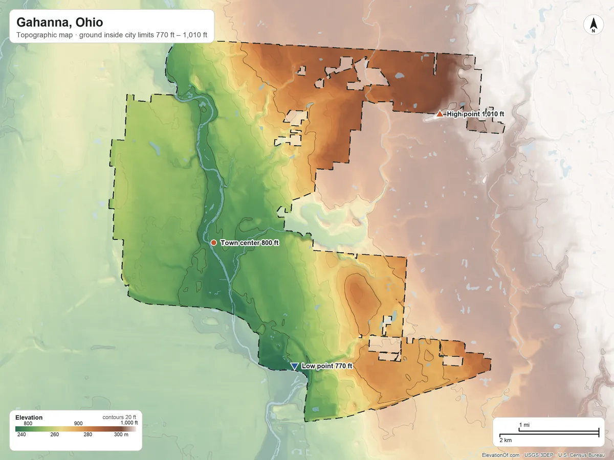 Topographic elevation map of Gahanna, Ohio, shaded from 770 ft on the southeast side to 1,010 ft on the northeast side